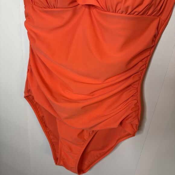 Ellen Tracy One Piece Swimsuit Coral Orange Ruffle Ruched Waist Womens 10 Beach - Picture 3 of 7